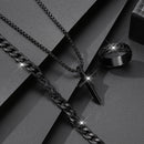 Pulseira Preta +Anel e Colar Cruz Masculino