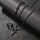 Pulseira Preta +Anel e Colar Cruz Masculino