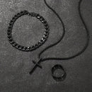 Pulseira Preta +Anel e Colar Cruz Masculino