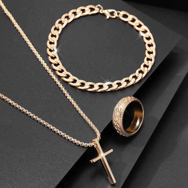 Pulseira Preta +Anel e Colar Cruz Masculino