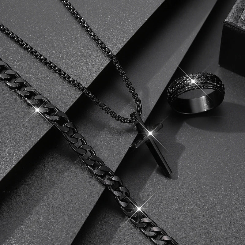 Pulseira Preta +Anel e Colar Cruz Masculino