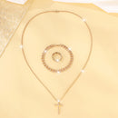 Pulseira Preta +Anel e Colar Cruz Masculino