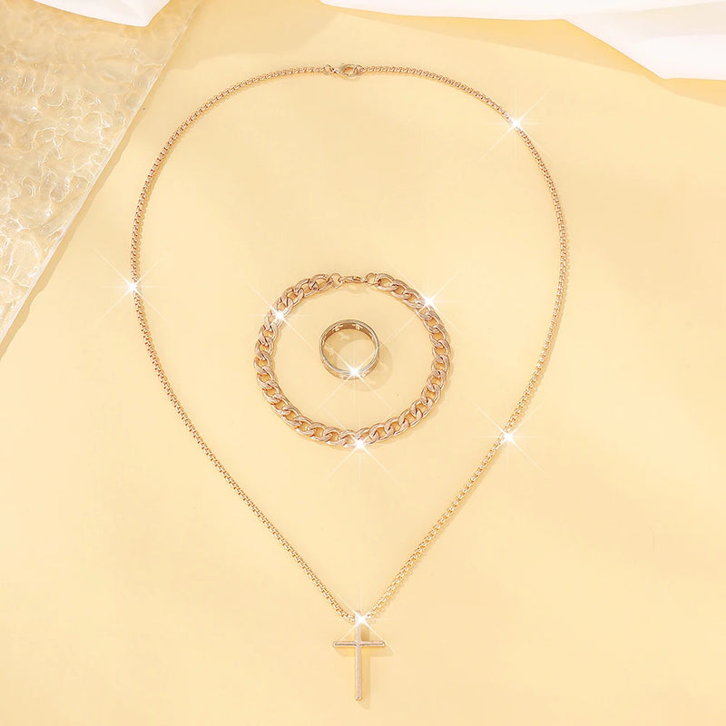 Pulseira Preta +Anel e Colar Cruz Masculino