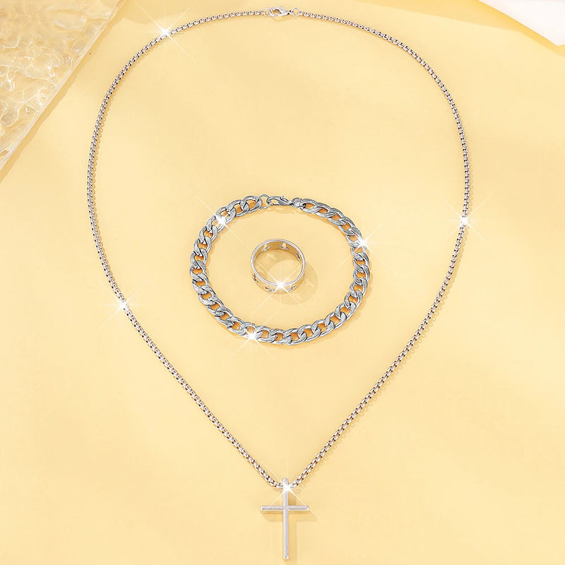 Pulseira Preta +Anel e Colar Cruz Masculino