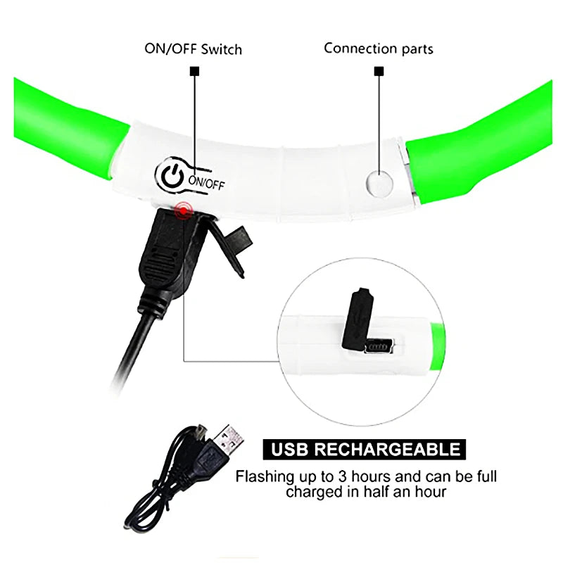 Coleira luminosa recarregável USB