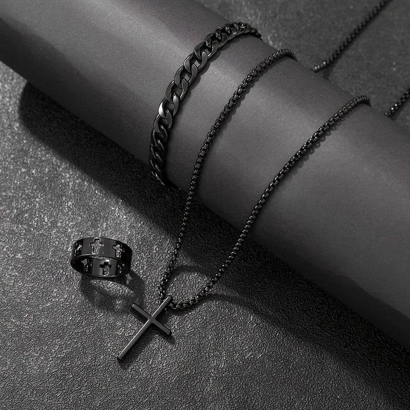 Pulseira Preta +Anel e Colar Cruz Masculino