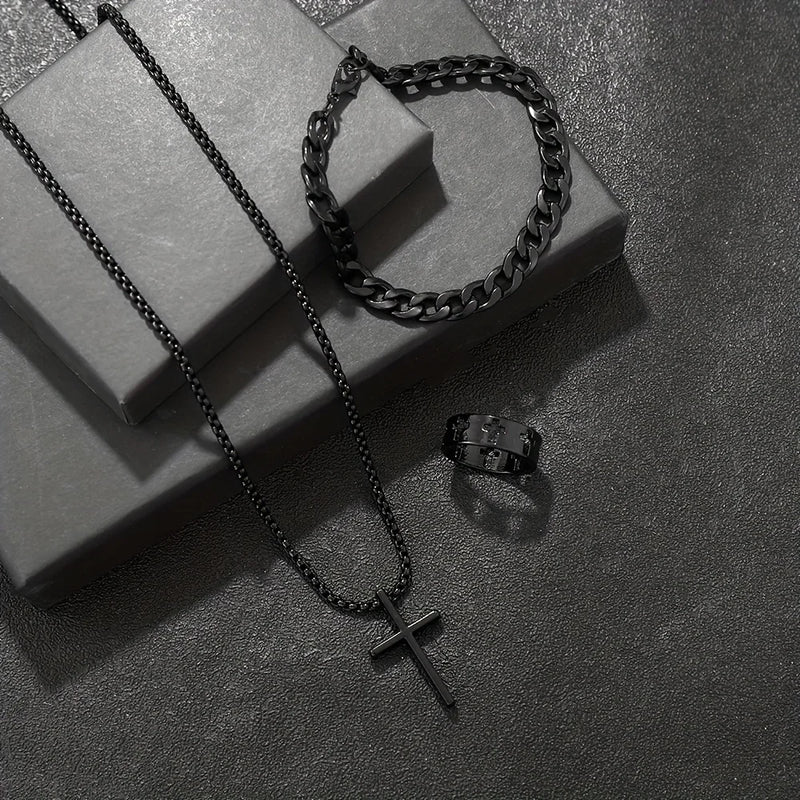 Pulseira Preta +Anel e Colar Cruz Masculino