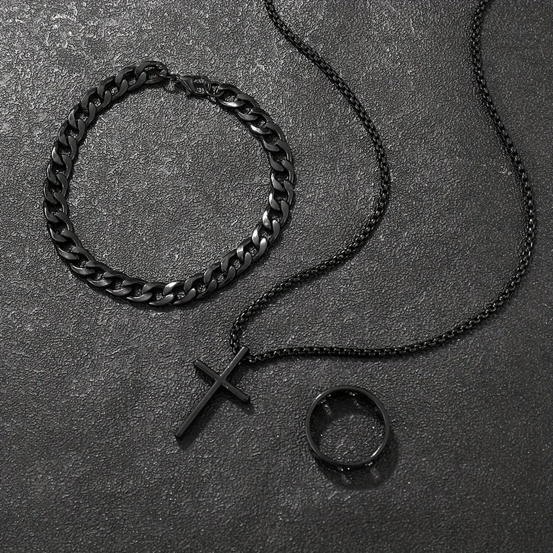 Pulseira Preta +Anel e Colar Cruz Masculino