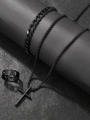 Pulseira Preta +Anel e Colar Cruz Masculino